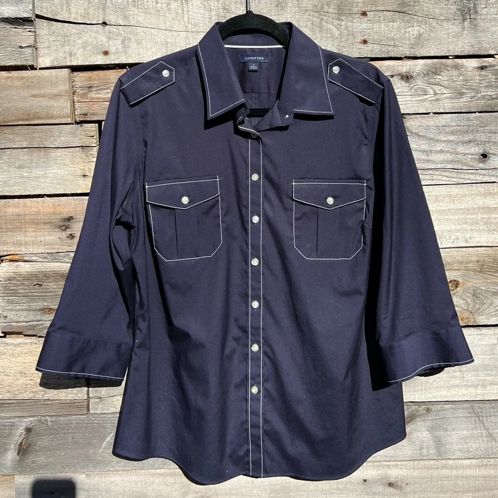 🌻Lands' End Navy Blue Nautical Button Down Blouse {White Stitching} Size 16
